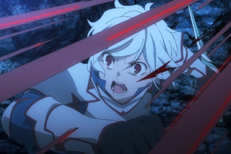 A scene of Bell Cranel in action from the anime Is It Wrong to Try to Pick Up Girls in a Dungeon?