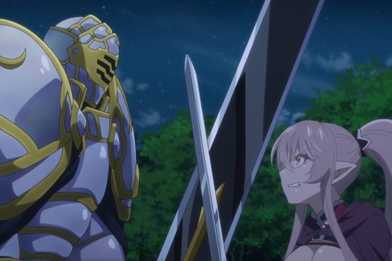 A scene of Arc and Ariane Glenys Lalatoya fighting from the anime Skeleton Knight in Another World.