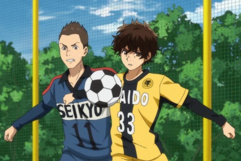 A scene of Ashito Aoi playing football from the anime Ao Ashi.