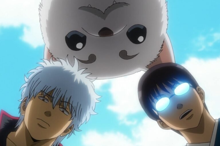 A scene of Gintoki Sakata, Shinpachi Shimura, and Sadaharu from the anime Gintama.