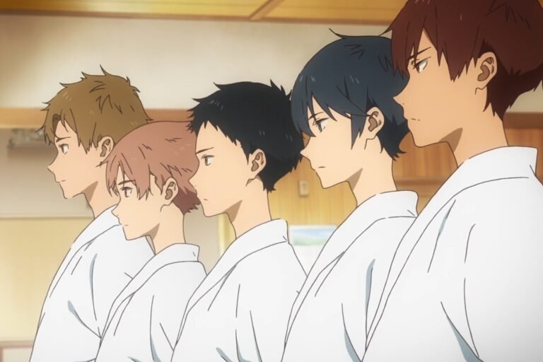 Seiya Takehaya, Masaki Takigawa, Minato Narumiya, Ryouhei Yamanouchi, and Kaito Onogi from the anime Tsurune: Kazemai High School Kyudo Club.