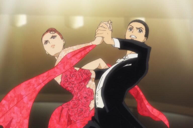 A scene of Chinatsu Hiyama and Tatara Fujita dancing from the anime Welcome to the Ballroom.