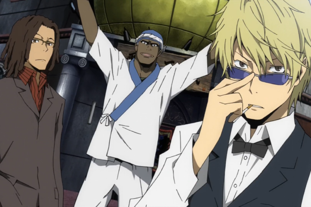 Tom Tanaka, Semyon Brezhnev, and Shizuo Heiwajima from the anime Durarara!!.