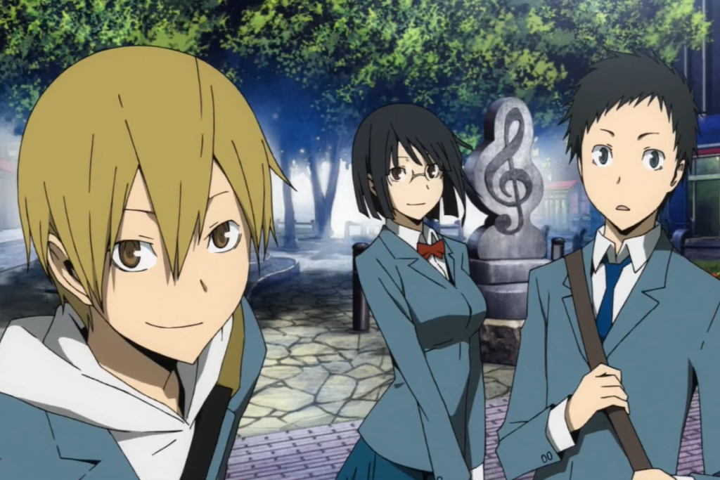 Masaomi Kida, Anri Sonohara, and Mikado Ryuugamine from the anime Durarara!!.