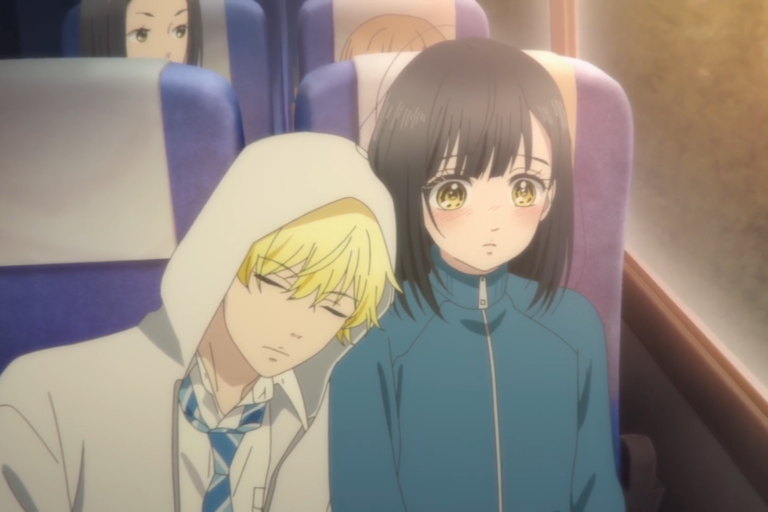 A scene where Kai Miura is sleeping on Uka Ishimori's shoulder from the anime Honey Lemon Soda.