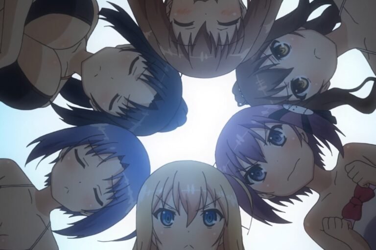 A scene of Theiamillis Gre Fortorthe, Ruthkhania Nye Pardomshiha, Kiriha Kurano, Yurika Nijino, Shizuka Kasagi, and Sanae Higashihongan from the anime Invaders of the Rokujyoma!?.