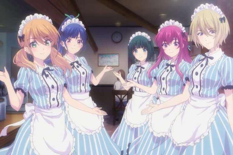 A scene of Riho Tsukishima, Ami Tsuruga, Shiragiku Ono, Ouka Makuzawa, and Akane Hououji from the anime The Café Terrace and Its Goddesses.