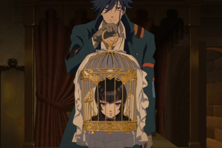 Aya Rindou carried in a birdcage by Tsugaru Shinuchi from the anime Undead Murder Farce.