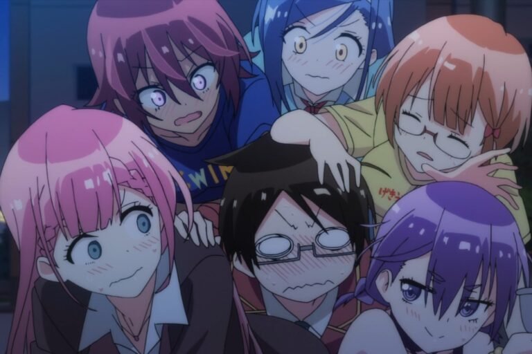 A scene of Nariyuki Yuiga, Mafuyu Kirisu, Uruka Takemoto, Fumino Furuhashi, Rizu Ogata, and Asumi Kominami from the anime We Never Learn: BOKUBEN.