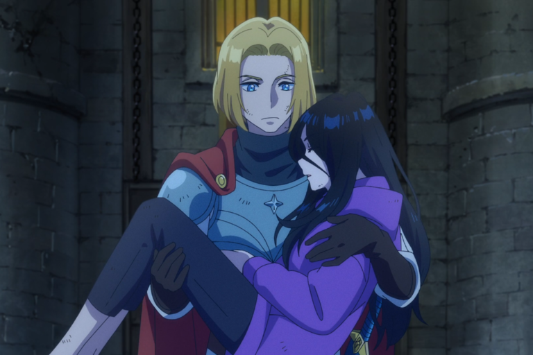 A scene of Luke Braveheart holding Natsuko Hirose in his arms from the anime Zenshu.