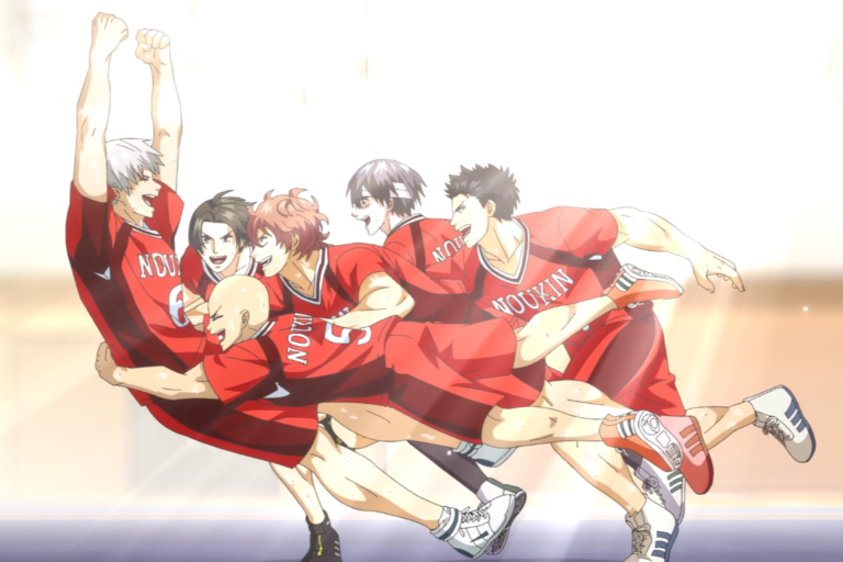 A scene of Noukin High School kabaddi team celebrating a win from the anime Burning Kabaddi.