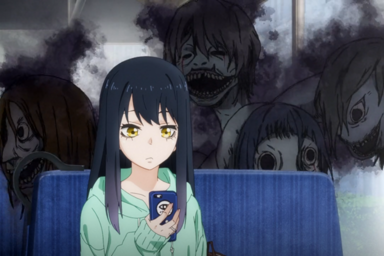 A scene of Miko Yotsuya sitting on a bus with some monsters behind her from the anime Mieruko-chan.