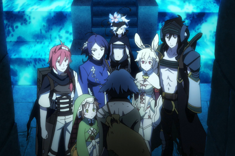 Fremy Speeddraw, Adlet Mayer, Hans Humpty, Nashetania Loei Piena Augustra, Mora Chester, Chamo Rosso, and Goldov Auora from the anime Rokka: Braves of the Six Flowers.